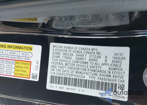 2023 Honda Civic Sport из США, поврежденный, VIN 2HGFE2F58PH542254